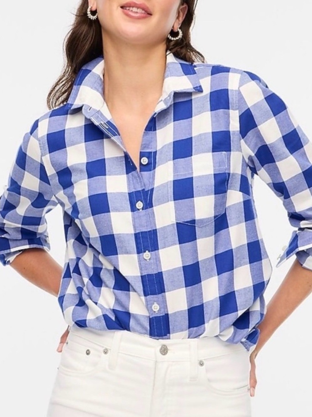 Women’s  J. Crew Plaid Long Sleeve Flannel Shirt Blue & White Sz M